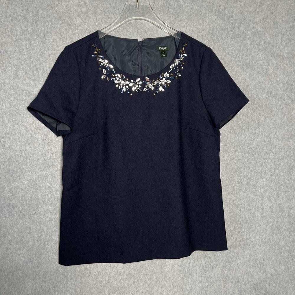 J Crew Womens Size 6 Navy Blue Jeweled Rhinestone Wool Blend Short Sleeve Top